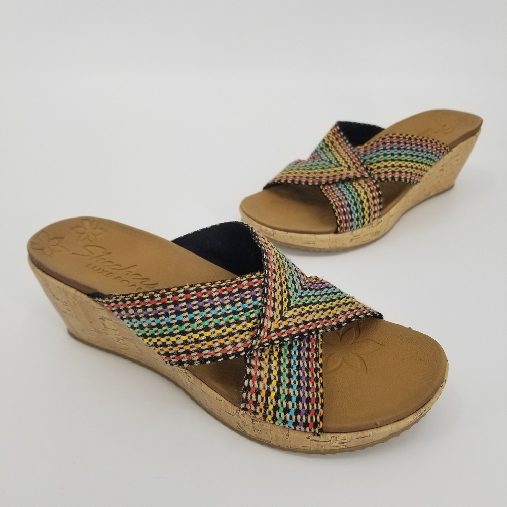 Skechers Multi-Color Wedge Sandals with Cork-Look Sole